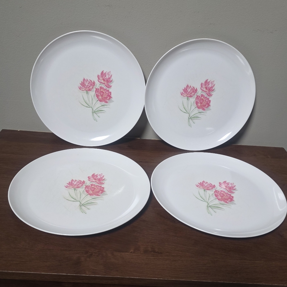 Vintage Harmony House Avalon Melmac Floral White and Pink Dinner Plates Set